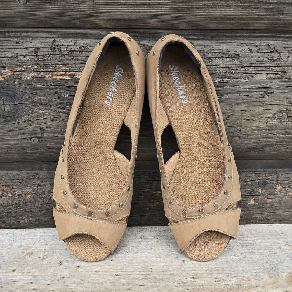 Skechers Bikers Y2K Boho Minimalist Nubuck Studded Peep Toe Comfort Flats 9.5M